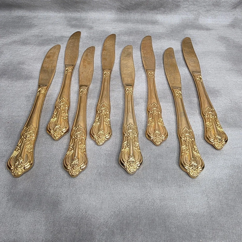 (X8) Hanford Forge Princeton Gold Electroplate Dinner Knives 8.5